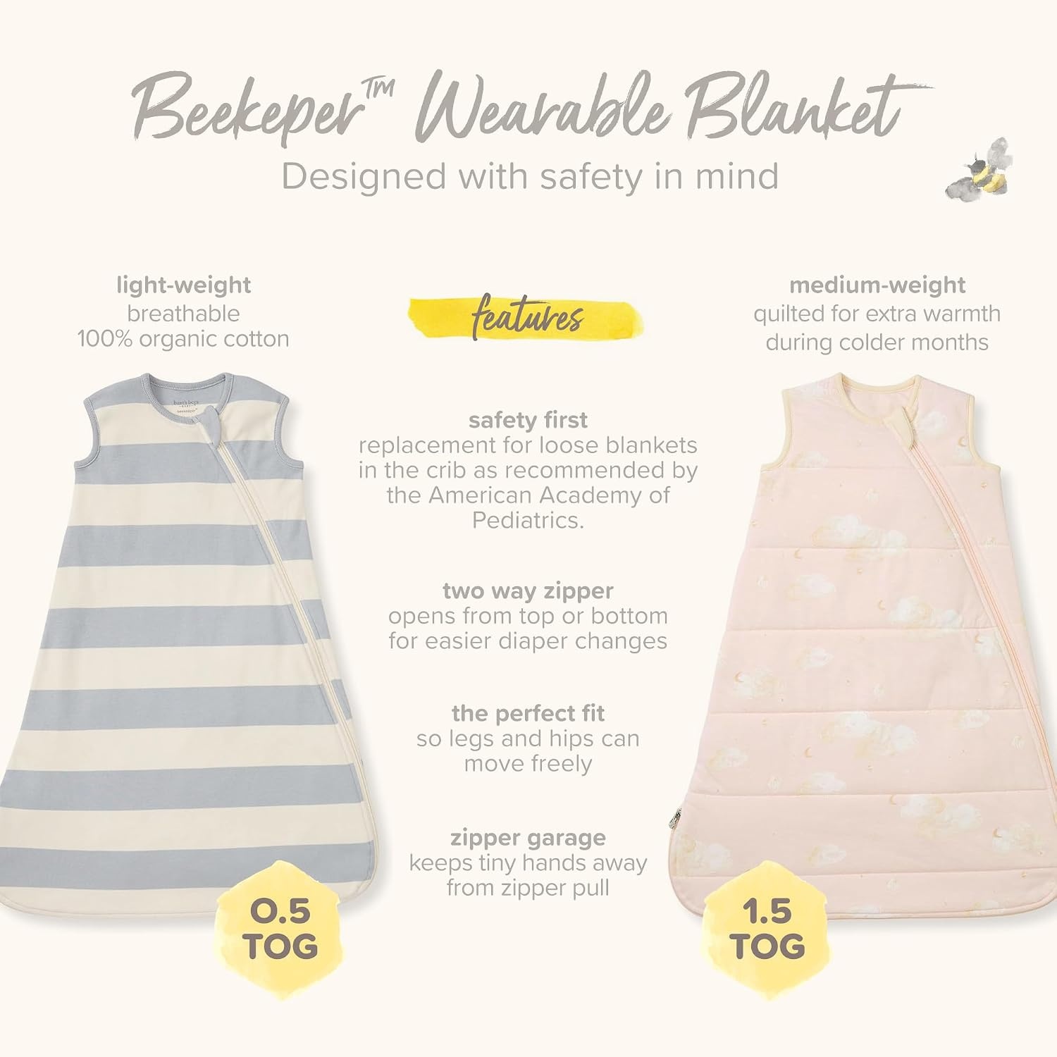 image:imageBurts Bees Baby Organic Beekeeper Infant Wearable Blanket Unisex Swaddle Cozy 2way zip sleep sack is available in lightweight 05 TOG or medium weight 15 TOG options for a great nights sleepQuilted Pink