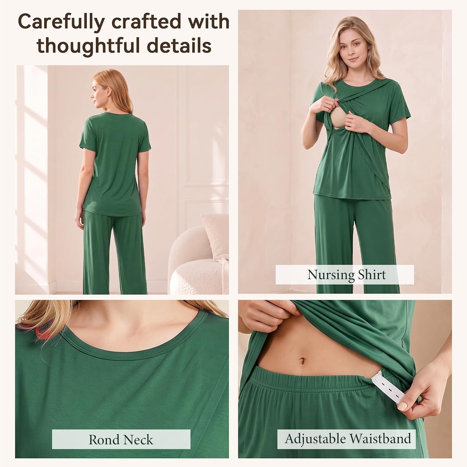 image:imageBubblePanda Maternity Nursing Pajamas Set 3 PCS Postpartum Breastfeeding PjGreen