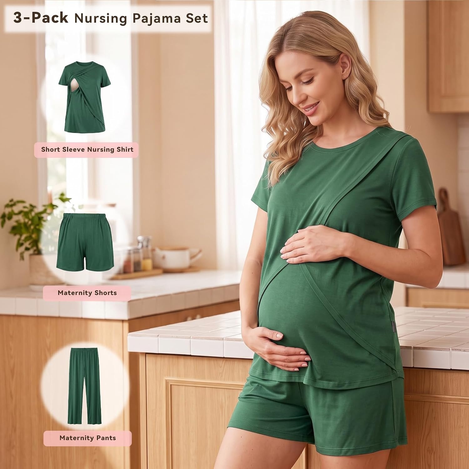 image:imageBubblePanda Maternity Nursing Pajamas Set 3 PCS Postpartum Breastfeeding PjGreen