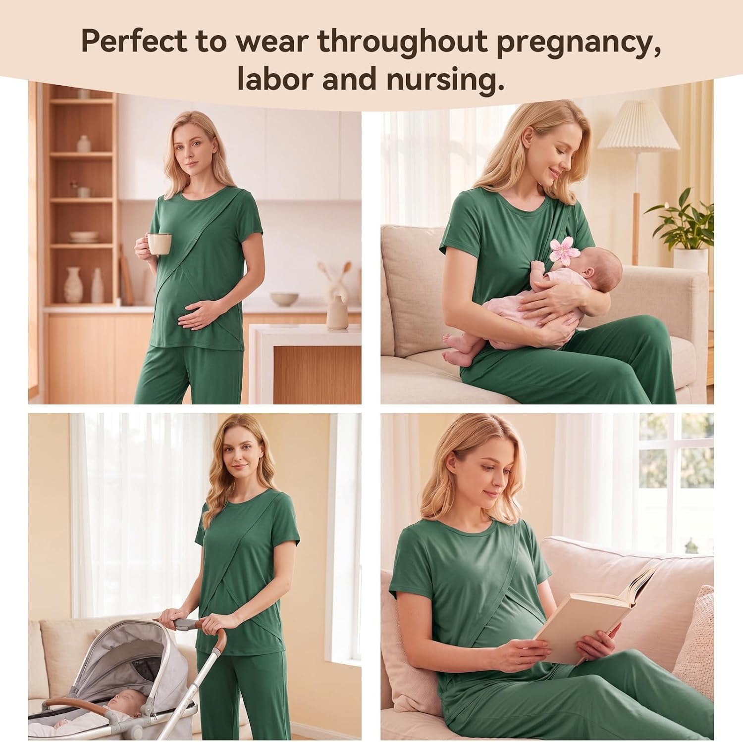 image:imageBubblePanda Maternity Nursing Pajamas Set 3 PCS Postpartum Breastfeeding PjGreen