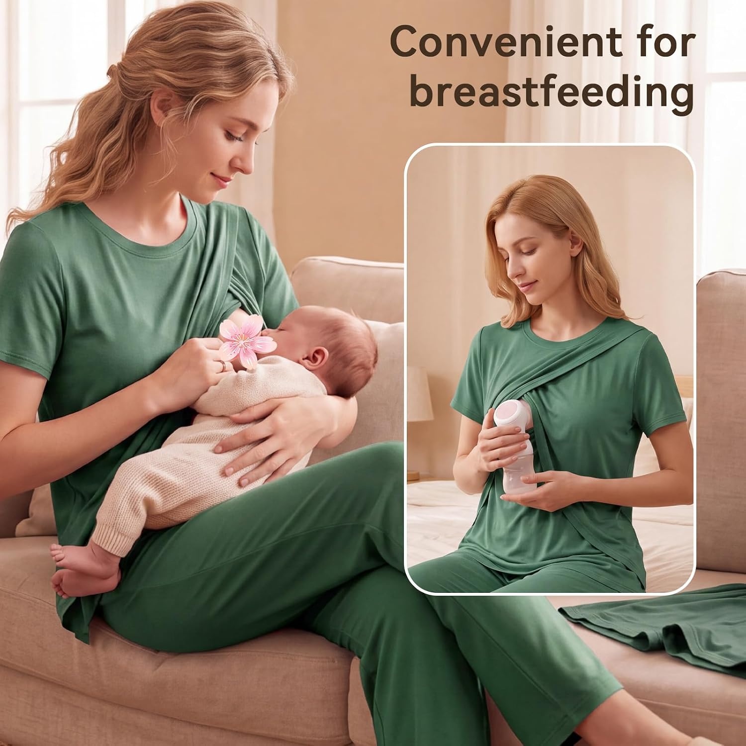 image:imageBubblePanda Maternity Nursing Pajamas Set 3 PCS Postpartum Breastfeeding PjGreen