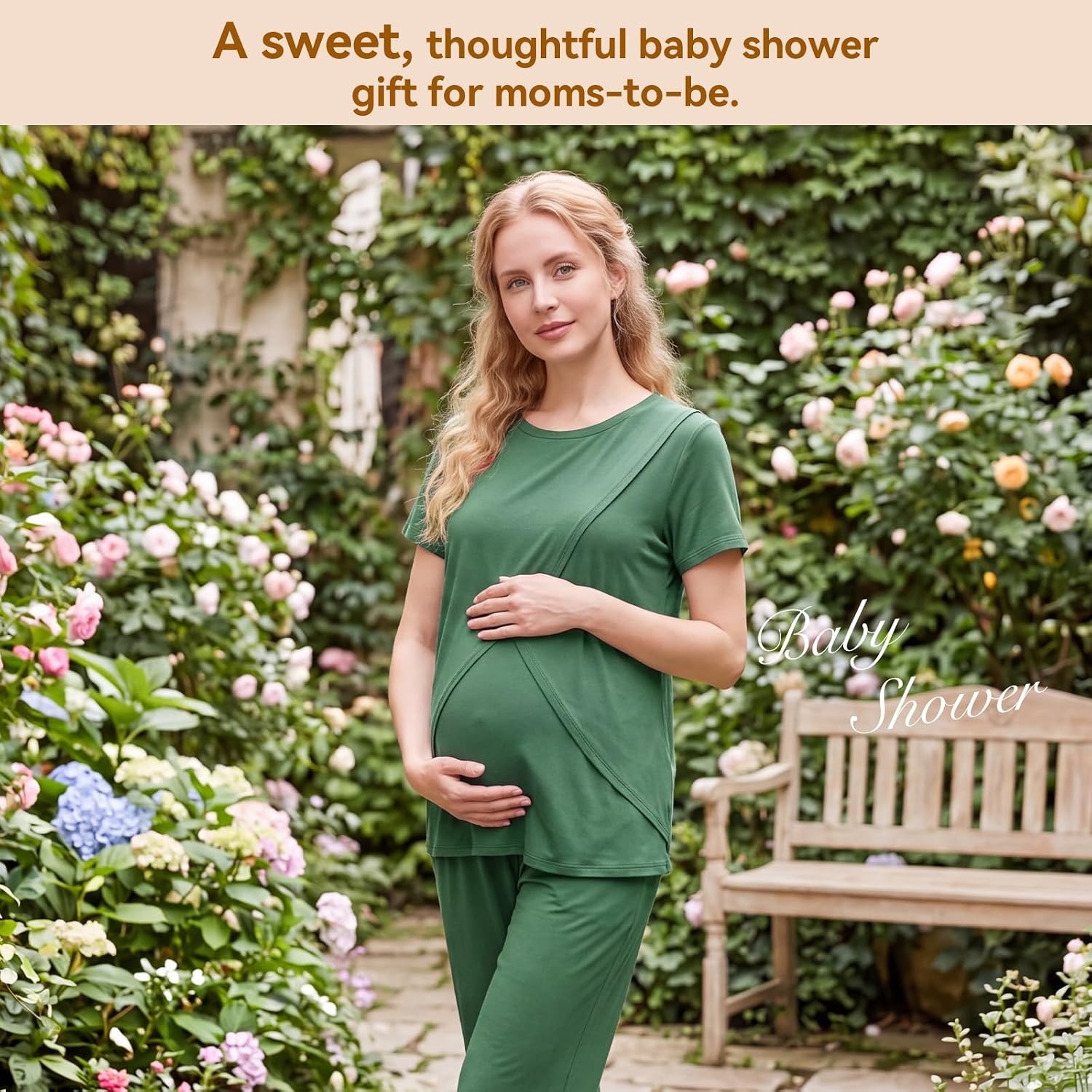 image:imageBubblePanda Maternity Nursing Pajamas Set 3 PCS Postpartum Breastfeeding PjGreen
