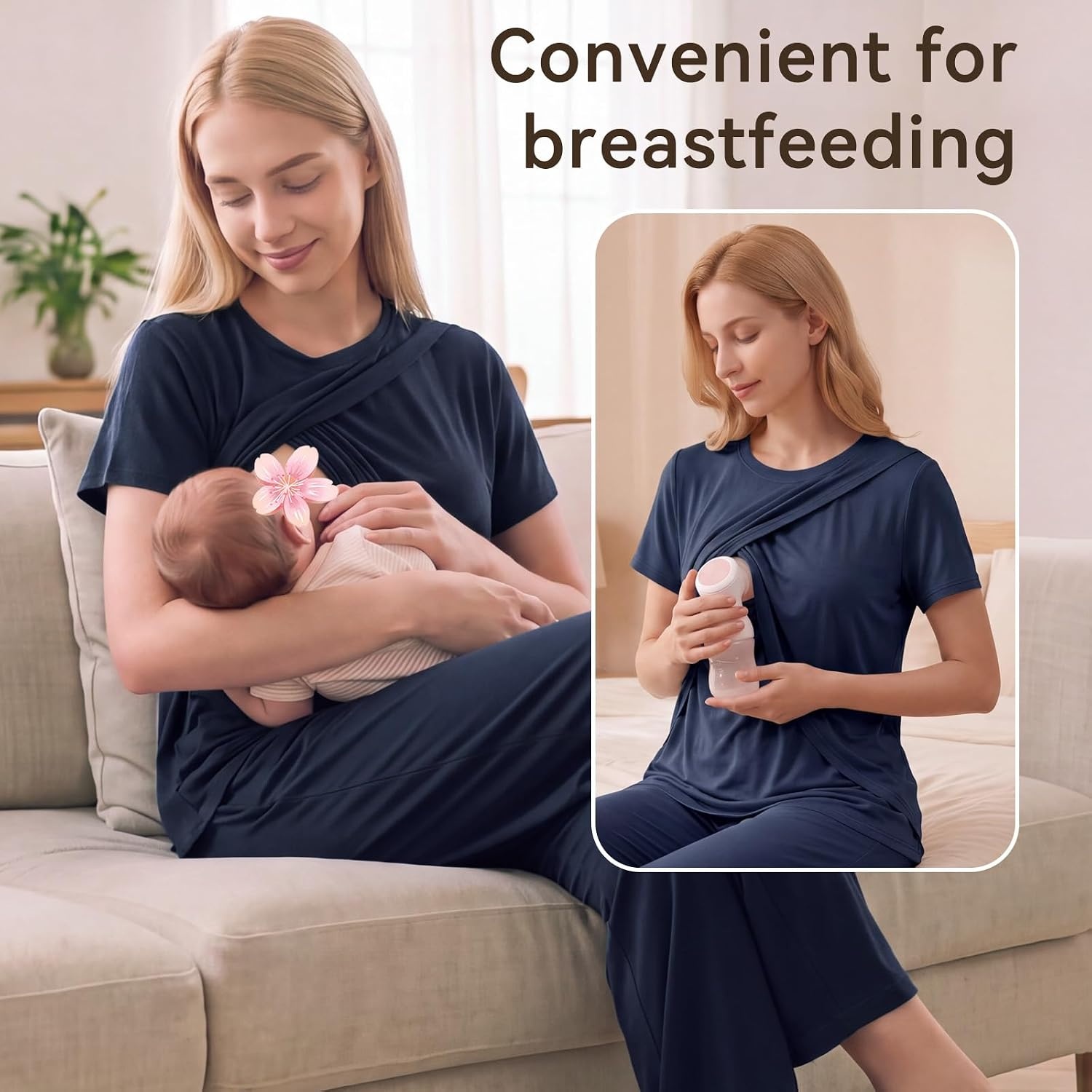 image:imageBubblePanda Maternity Nursing Pajamas Set 3 PCS Postpartum Breastfeeding PjNavy Blue