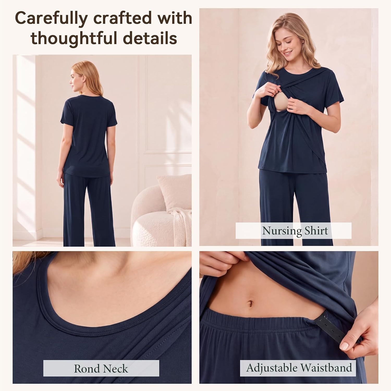 image:imageBubblePanda Maternity Nursing Pajamas Set 3 PCS Postpartum Breastfeeding PjNavy Blue