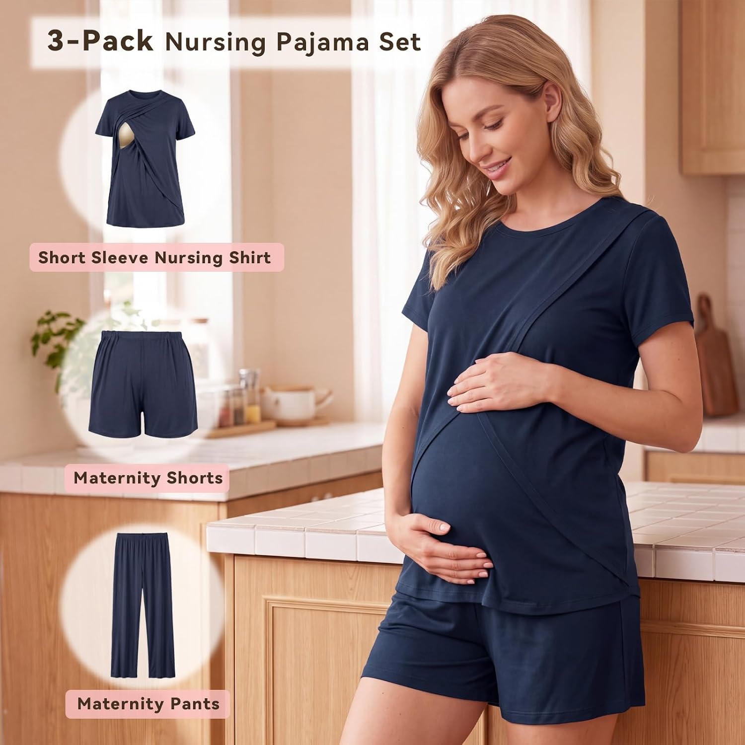 image:imageBubblePanda Maternity Nursing Pajamas Set 3 PCS Postpartum Breastfeeding PjNavy Blue