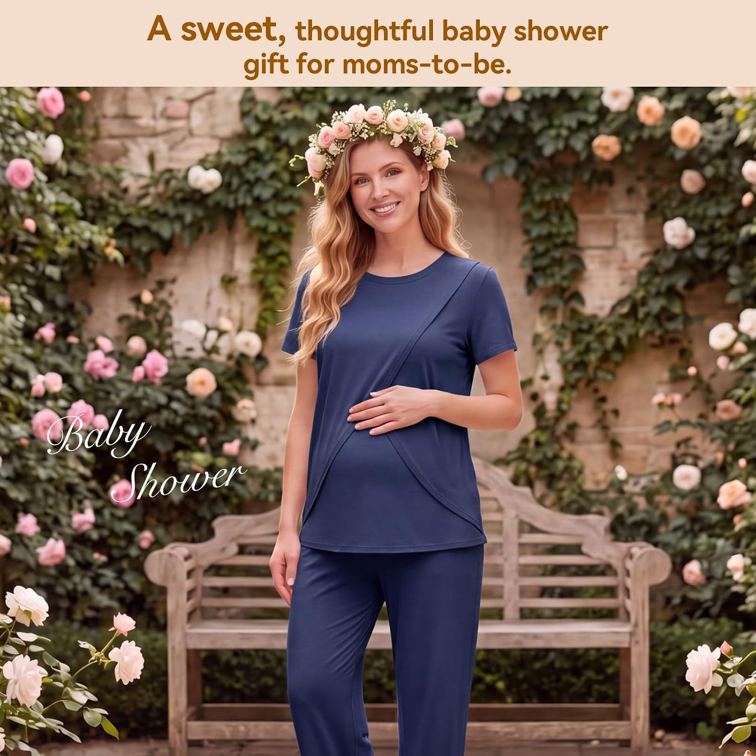 image:imageBubblePanda Maternity Nursing Pajamas Set 3 PCS Postpartum Breastfeeding PjNavy Blue