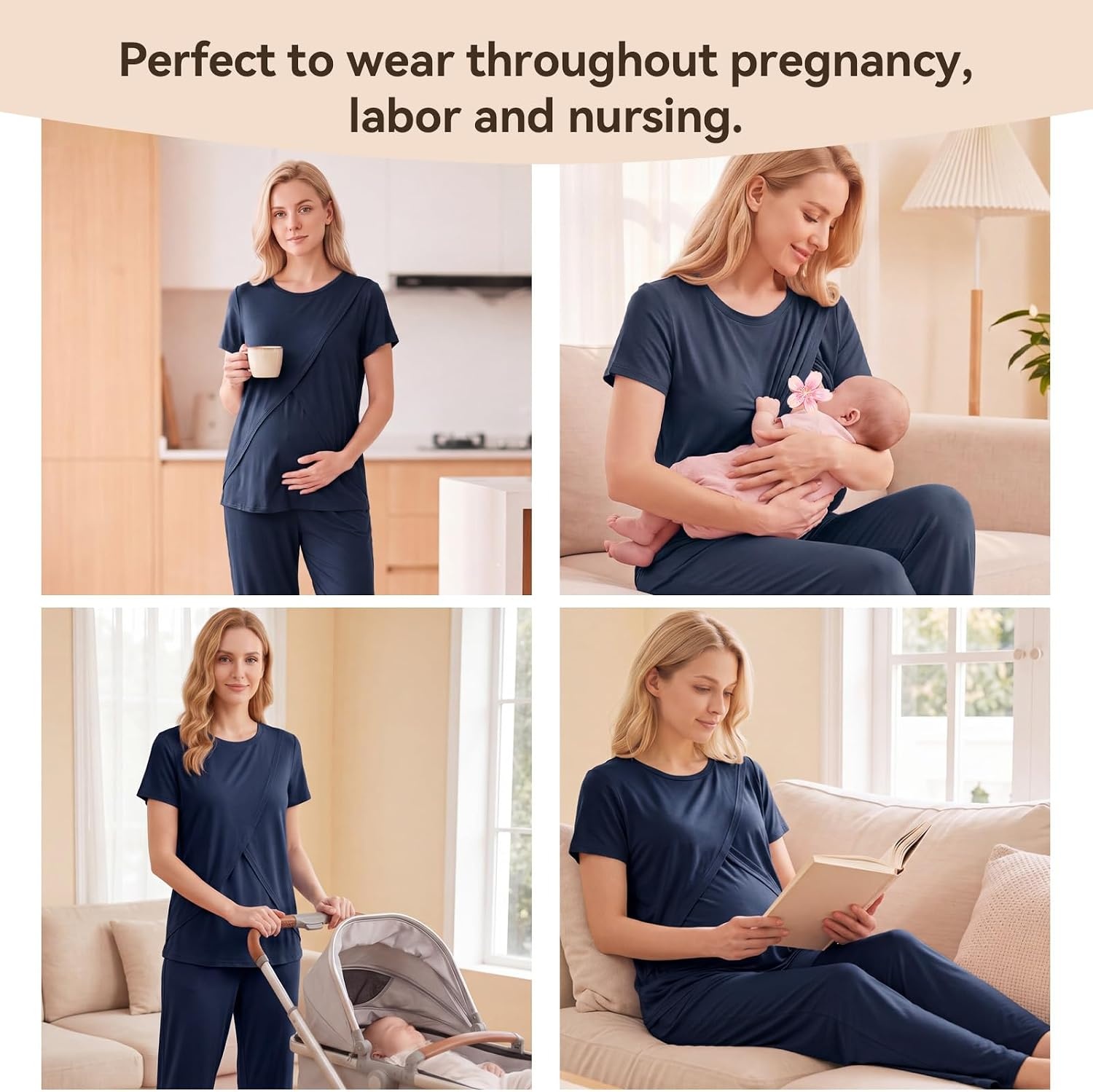 image:imageBubblePanda Maternity Nursing Pajamas Set 3 PCS Postpartum Breastfeeding PjNavy Blue