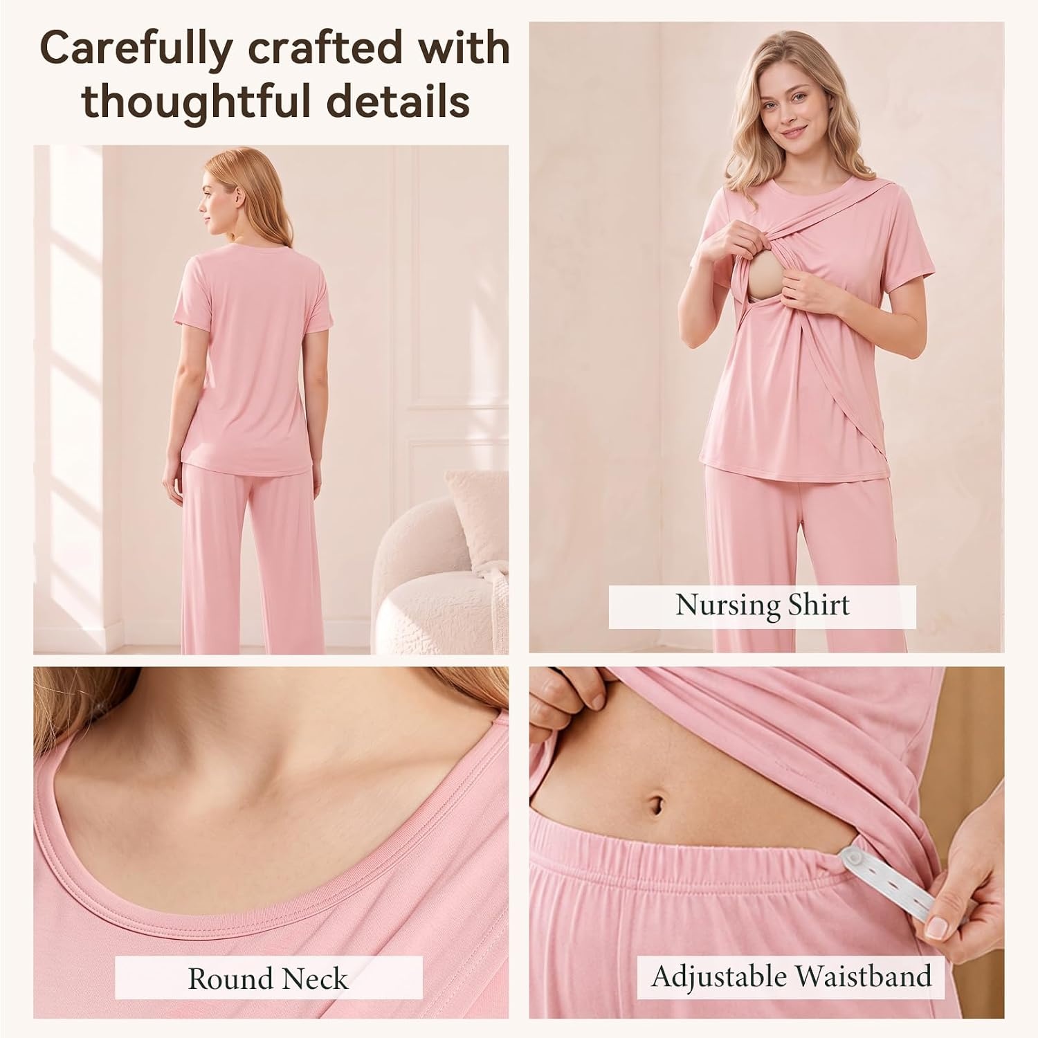 image:imageBubblePanda Maternity Nursing Pajamas Set 3 PCS Postpartum Breastfeeding PjPink