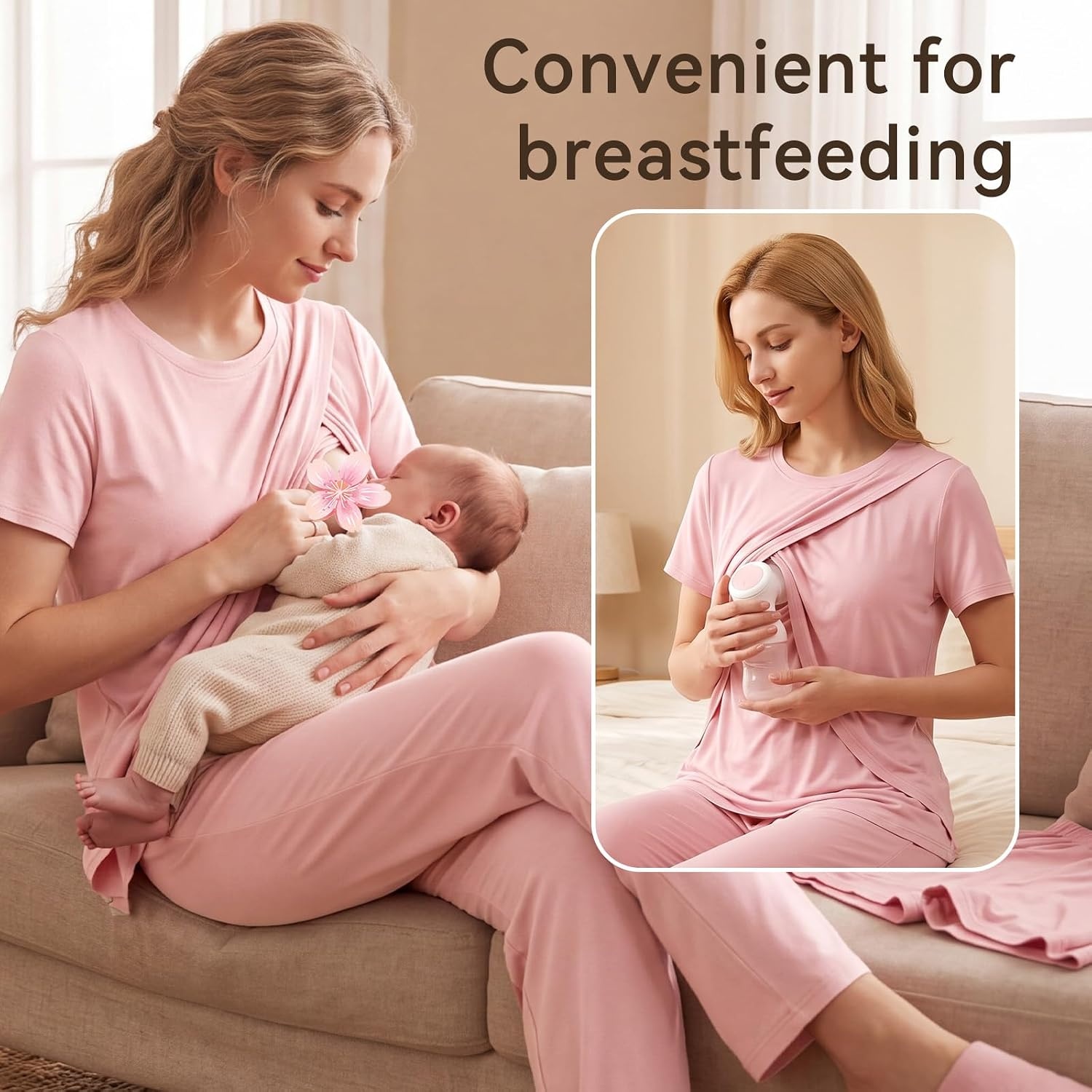 image:imageBubblePanda Maternity Nursing Pajamas Set 3 PCS Postpartum Breastfeeding PjPink