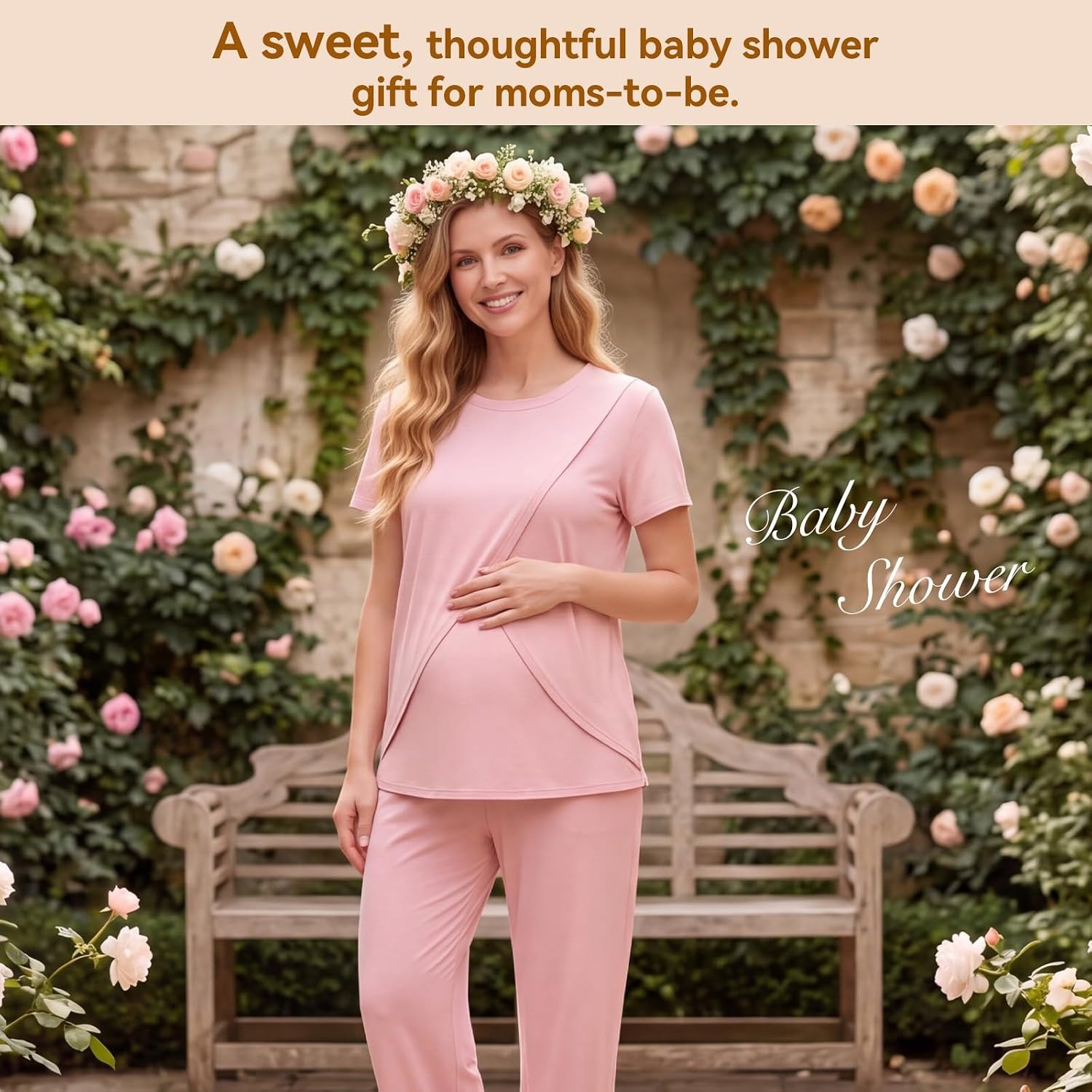 image:imageBubblePanda Maternity Nursing Pajamas Set 3 PCS Postpartum Breastfeeding PjPink