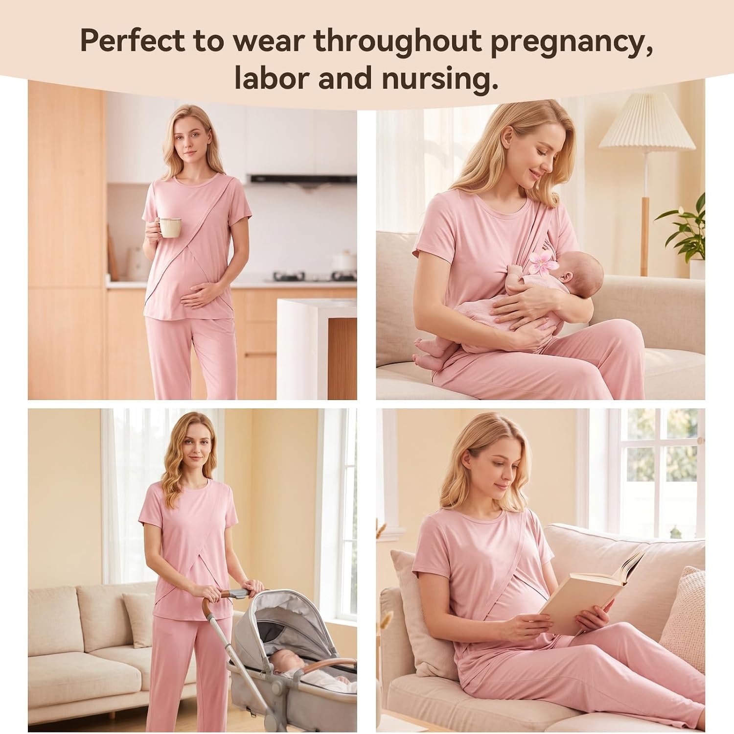 image:imageBubblePanda Maternity Nursing Pajamas Set 3 PCS Postpartum Breastfeeding PjPink