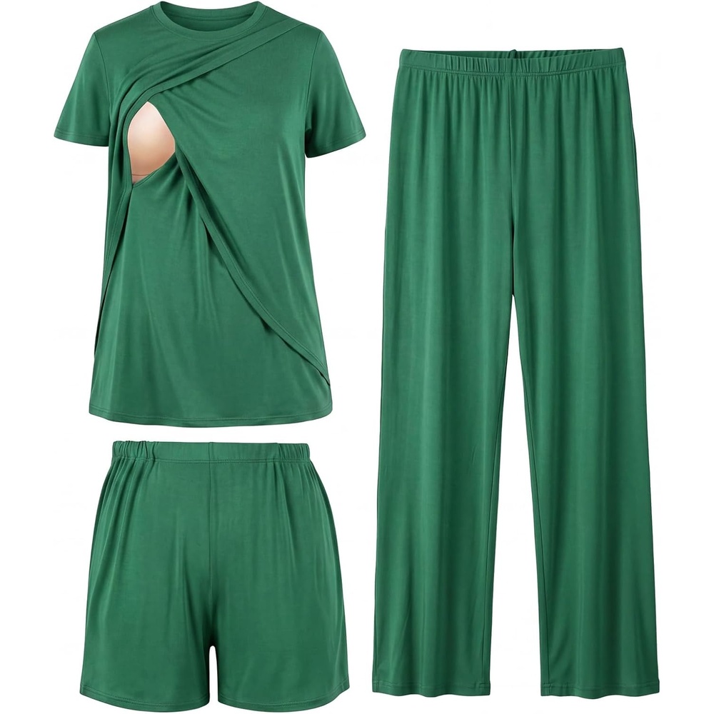 image:imageBubblePanda Maternity Nursing Pajamas Set 3 PCS Postpartum Breastfeeding PjGreen