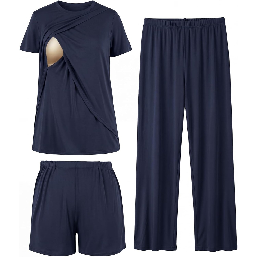 image:imageBubblePanda Maternity Nursing Pajamas Set 3 PCS Postpartum Breastfeeding PjNavy Blue