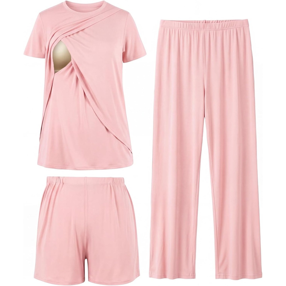 image:imageBubblePanda Maternity Nursing Pajamas Set 3 PCS Postpartum Breastfeeding PjPink