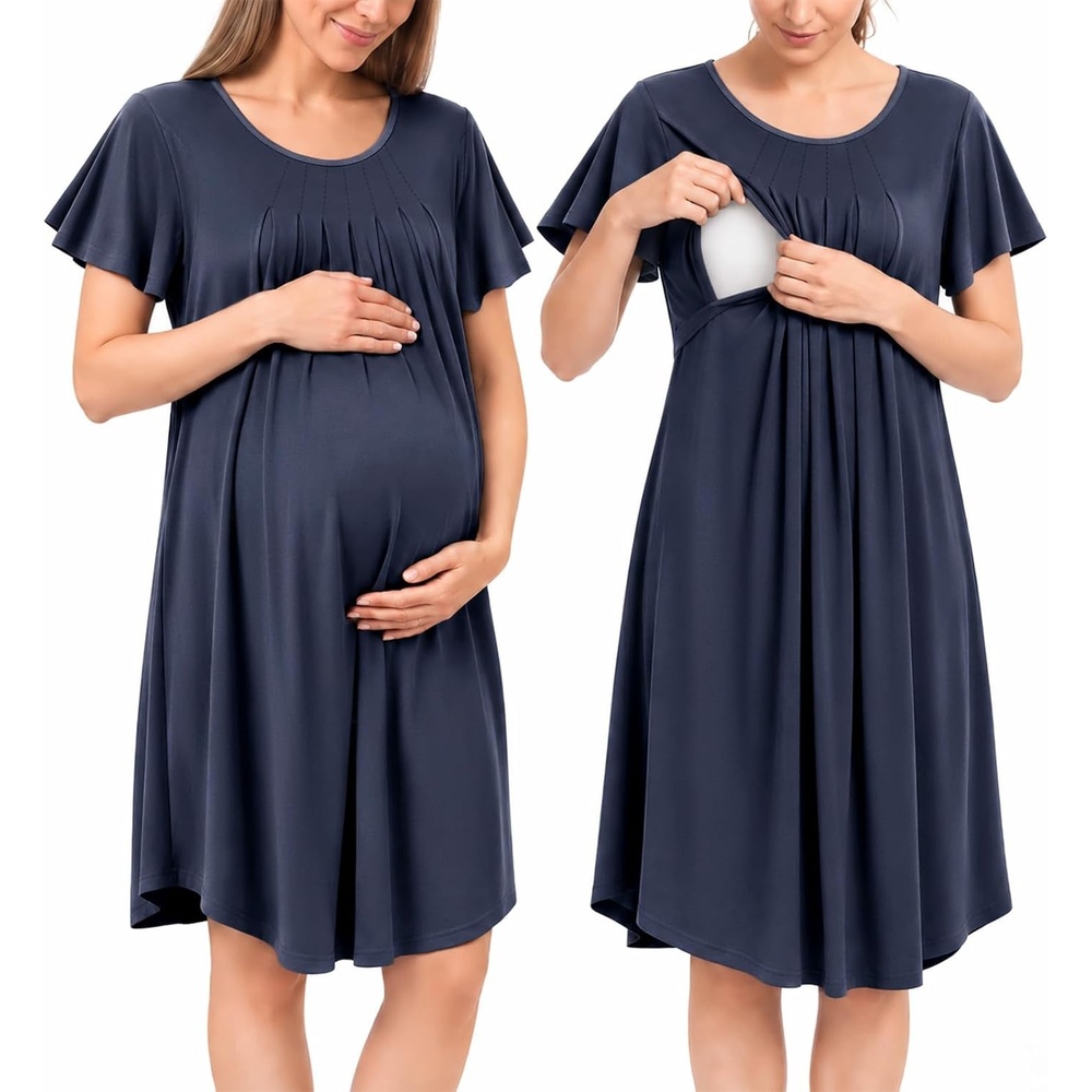 image:imageBubblePanda Rayon Made from Bamboo Nursing Nightgown Breastfeeding GownNavy Blue