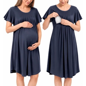 BubblePanda Rayon Made from Bamboo Nursing Nightgown Breastfeeding Gown(Navy Blue)