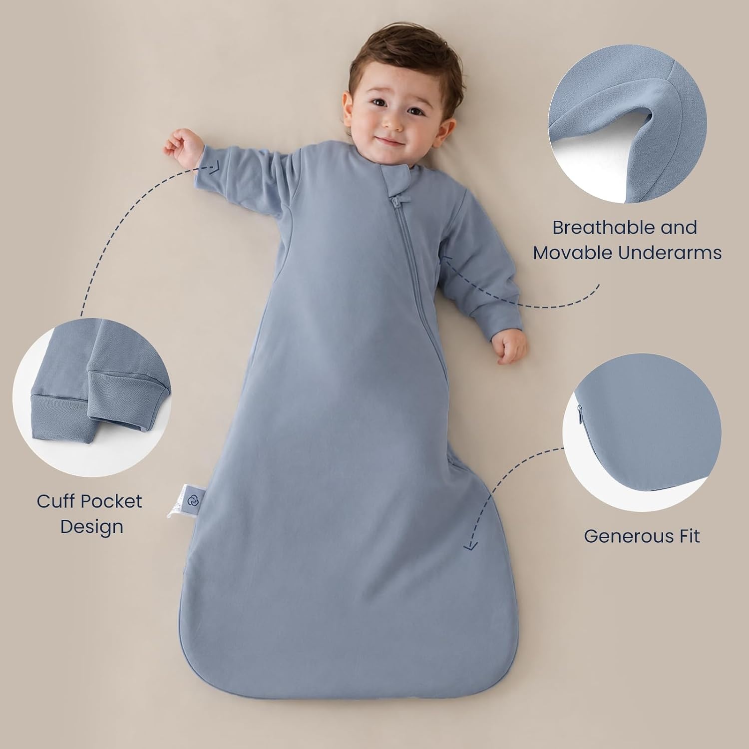 image:imageKaiyaBaby Organic Cotton Baby Sleep Sack Long Sleeve 10 TOG 618MBlue Flint Stone