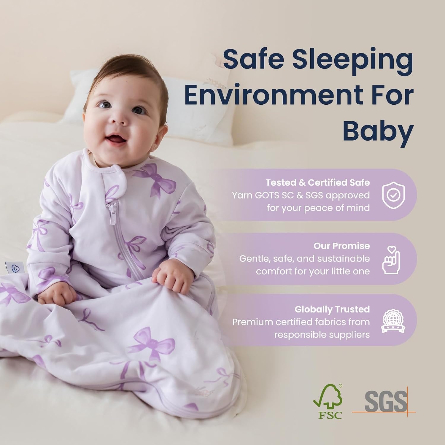 image:imageKaiyaBaby Organic Cotton Baby Sleep Sack Long Sleeve 10 TOG 618MLavender Bowa
