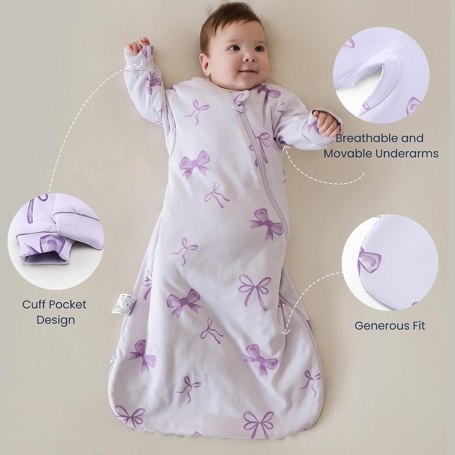 image:imageKaiyaBaby Organic Cotton Baby Sleep Sack Long Sleeve 10 TOG 618MLavender Bowa