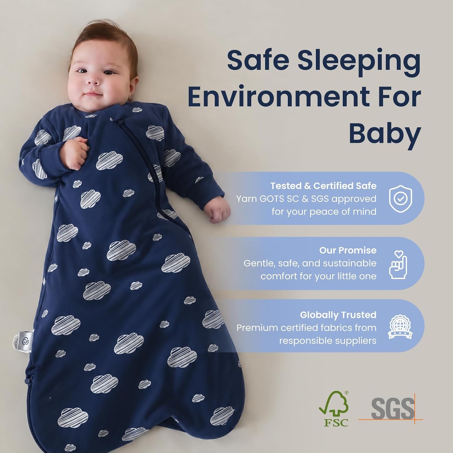 image:imageKaiyaBaby Organic Cotton Baby Sleep Sack Long Sleeve 10 TOG 618MNavy Sky