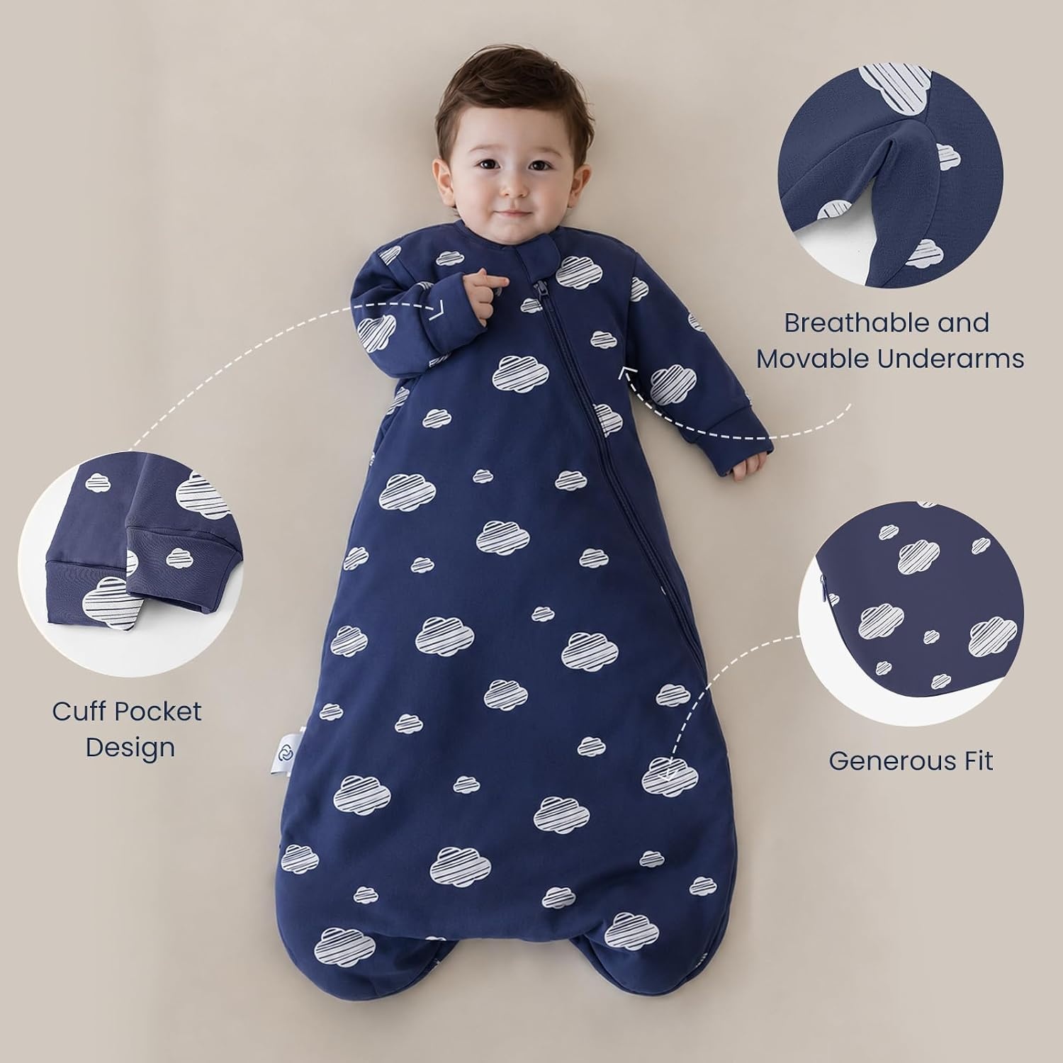 image:imageKaiyaBaby Organic Cotton Baby Sleep Sack Long Sleeve 10 TOG 618MNavy Sky